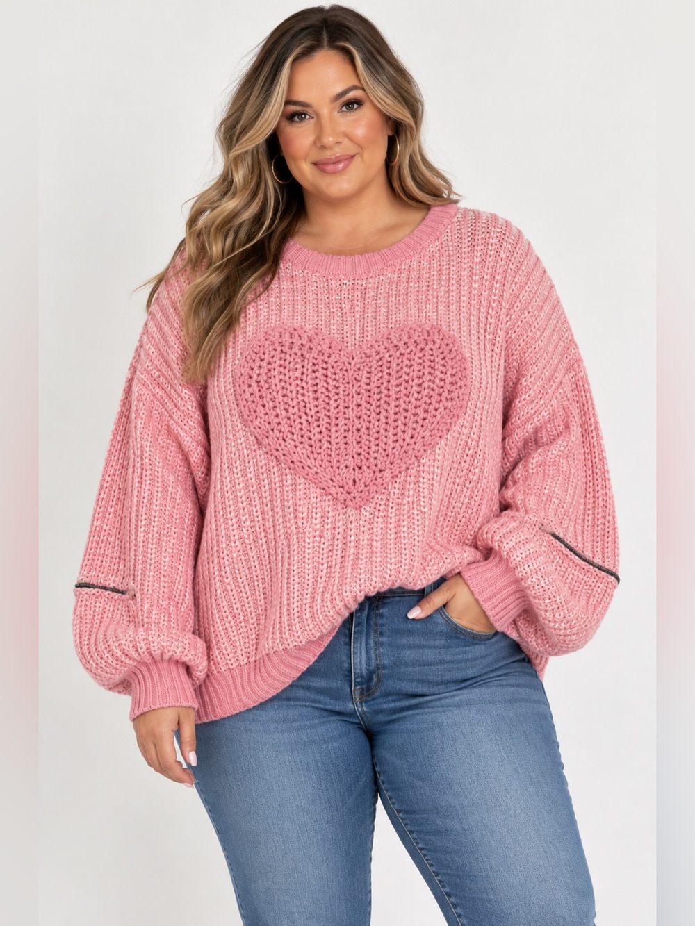 POL Pink Chunky Heart Crewneck Sweater Oversized Large